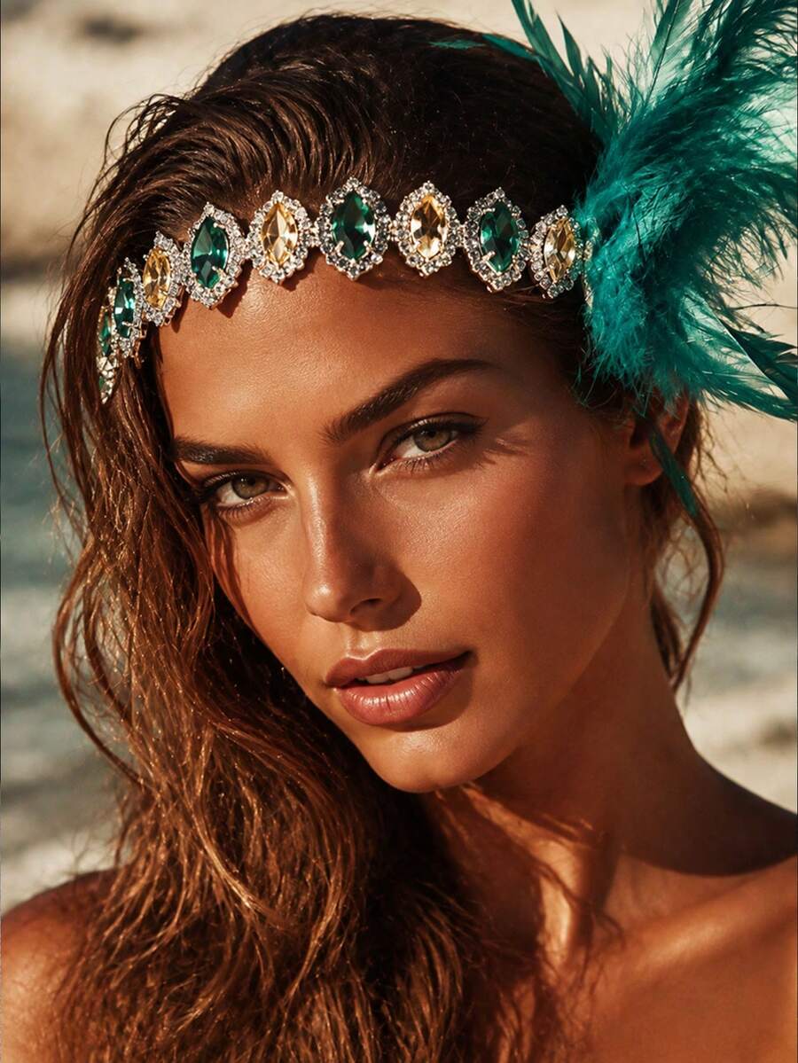 Green Rhinestone Feather Headband, Shiny Crystal Gemstone Decorated Hairband, Vintage Flapper Party Women's Performance Costume Headpiece