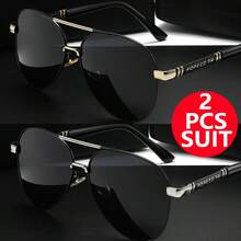 Modern Metal Frame Sunglasses, 2-Piece Set: Red & Black And All Black. Durable Metal Texture, Neutral Everyday Versatility. Casual Fashion Gift. - Grey - View 5
