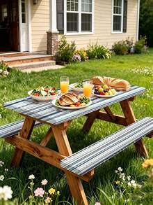3 Pieces Picnic Tablecloth Set With Bench Cover, Elastic Edge Design, Striped Pattern, Washable Rectangular Tablecloth, Suitable For Weddings, Camping, Picnics, Garden Parties And More, Practical Essential - C - View 5