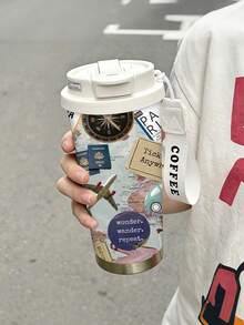 1pc/5pcs 500ml Wanderlust Travel Insulated Coffee Mug With Lanyard Lid, Vintage Collage World Map Compass Airplane Passport And Travel Quotes Print, Stainless Steel Reusable Cup, Suitable For Commuting Outdoor Gift - Multicolor - View 6
