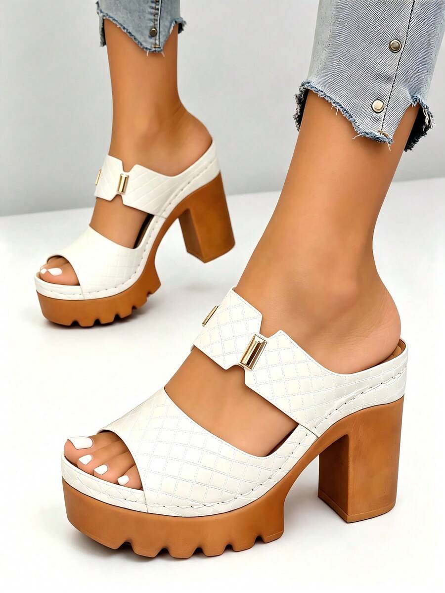 Women's High Heel Sandals Solid Color Hook & Loop Closure Plus Size Wide Fit Lightweight Comfortable Chunky Heel Casual Commute Slip-On Sandals Slides Minimalist Summer Beach Style Slip-On Slides