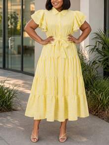 NOU Women's Long Dress With Formal Collar, Front Button Closure, Waist Tie, Flared Sleeves, Lightweight And Breathable Fabric, Suitable For Spring/Summer Wear, Casual, Work, Commute, Elegant Striped Long Dress With Double-Layer Design And Buttons, Suitable For Wedding, Holiday, Office, Tea Party, Spring/Autumn - Multicolor - View 3