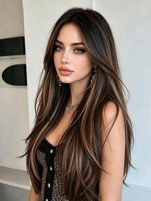 Natural Deep Brown Highlighted Long Wavy Layered Wig 61cm Middle Part Synthetic Fiber Wig Suitable For Daily Fashion, Halloween Christmas Party, Gothic Witch Cosplay, Comes With Wig Cap - Brown Highlight - View 3