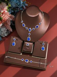 4 peças/Conjunto Elegante Conjunto de Joias Nupciais com Cristal Cintilante, Inclui Colar, Brincos e Pulseira, Luxuoso e Requintado, Adequado para Jantar Formal, Festa e Ocasiões de Casamento - Azul - Visão 2