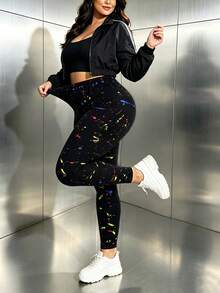 Women's Plus Size Black Leggings, Elastic Slim Fit Pants, Colorful Splatter Print, Butt Lifting & Tummy Control, Autumn/Winter Vacation Style - Multicolor - View 4