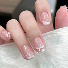 10pcs Square Short Wearable Nails, 3D Bow Pearl Rhinestone French Sweet Style, Perfect Fit Acrylic False Nails - Multicolor - View 5