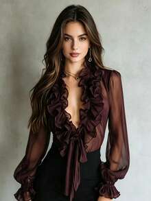 Autumn French Sweet Chiffon Slightly Sheer Ruffle V-Neck Tie-Front Draped Blouse Winter - Burgundy - View 5