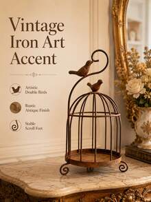 Vintage Distressed Metal Birdcage Candle Holder, European Style Hollow Iron Candle Tray With Bird Ornament, Decorative Table Centerpiece For Dining Table Entryway, Ideal Candlelight Dinner Home Decor Ornament - Random Styles - View 2