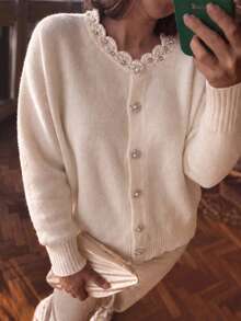 Happyevery Cardigan Rajut Bergelombang Leher Bulat dengan Hiasan Rumbai dan Mutiara untuk Wanita Musim Gugur/Dingin - Aprikot - View 4