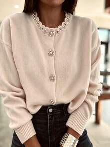 Happyevery Cardigan Rajut Bergelombang Leher Bulat dengan Hiasan Rumbai dan Mutiara untuk Wanita Musim Gugur/Dingin - Aprikot - View 5