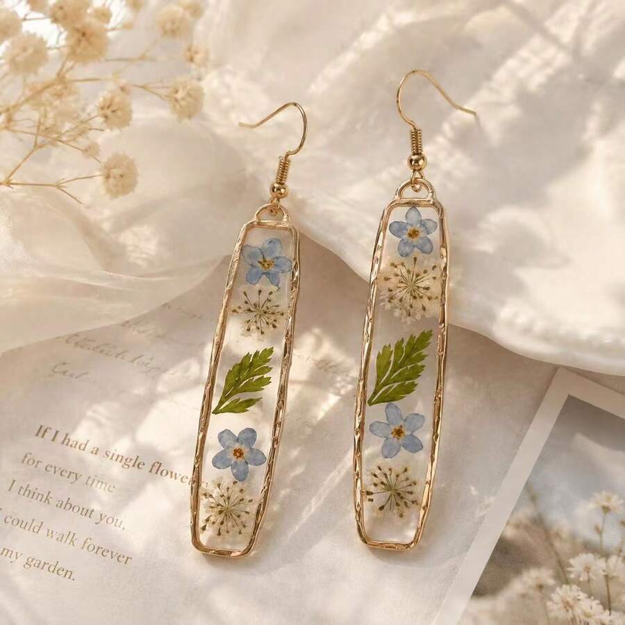 1對長方形乾燥花壓花樹脂耳環，適合女性日常配戴 - 藍+白 - 查看 1