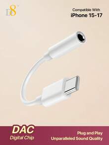 D8 16 USB-C 转 3.5mm 音频适配器，Type-C AUX 耳机转换器，带 DAC 立体声麦克风 HiFi 耳机适配器，兼容 16/16 Pro/16 Pro Max/15/15 Pro/15 Pro Max、Pro/Air 5/4/Mini 6、Galaxy S23 Ultra/S22/S21/S20、Pixel 7 Pro，白色 - 白色 - 查看 3