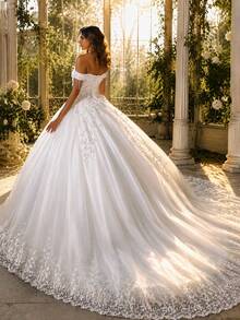 Vestido de novia elegante estilo princesa hecho a mano con apliques de cuentas, hombros descubiertos (enagua no incluida) otoño - Beis - Ver 5