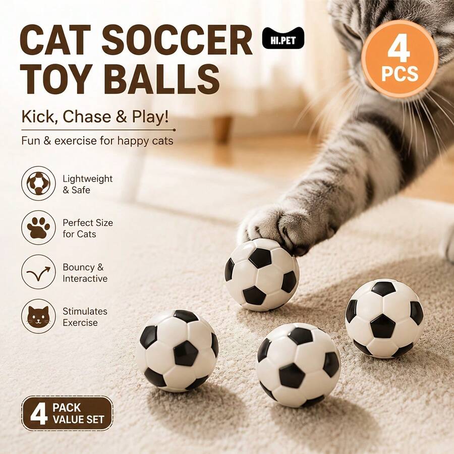 4pcs Cat Soccer Toys - Interactive Rolling Balls, Suitable For Kittens And Adult Cats, Lightweight And Durable, Indoor Entertainment - Black and White - View 1
