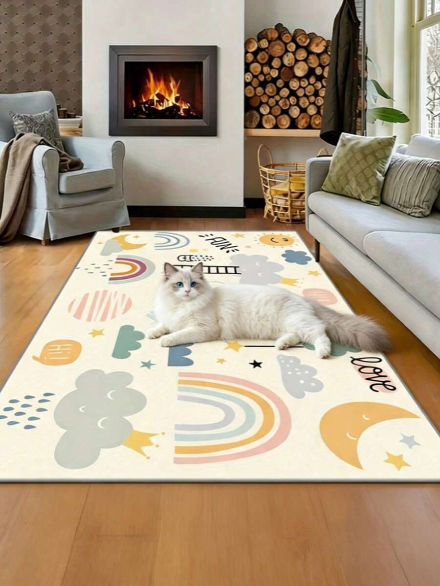 1pc Cute Illustration Decorative Rug, Home Decor, Area Rug, Casual Blanket, Bedside Rug, Bedroom Rug, Washable Rug - Multicolor - View 1