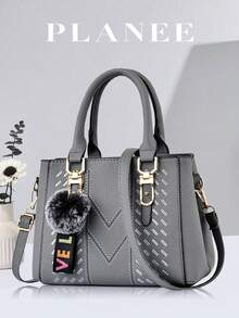 New One Shoulder Bag With Ball Pendant, Casual Style, Mother's Day Gift, Essential For Mom, Perfect For Office, University, Work, Business, Commute, Outdoor, Travel, Outing - Dark Grey - View 1