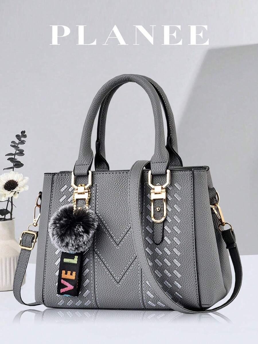 New One Shoulder Bag With Ball Pendant, Casual Style, Mother's Day Gift, Essential For Mom, Perfect For Office, University, Work, Business, Commute, Outdoor, Travel, Outing - Dark Grey - View 1