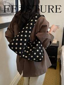 FEISTURE 1件波點印花女款麂皮單肩包，適合女孩、女性、大學生、職場新人與白領上班族，完美適用於工作、商務、通勤與校園 - 黑色 - 查看 6