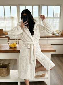 Autumn/Winter Thickened Jacquard Hooded Robe, Warm Coral Fleece Bathrobe With Belt And Pockets, Home Sleepwear - White - View 3