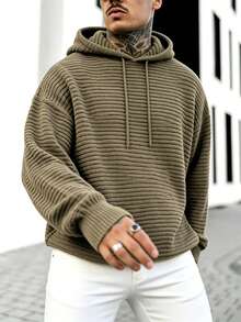Men's Vertical Striped Textured Knit Hoodie, Loose Fit, Dropped Shoulder, Drawstring Hood, Casual Thick Knit Pullover Top, Autumn/Winter - Brown - View 1