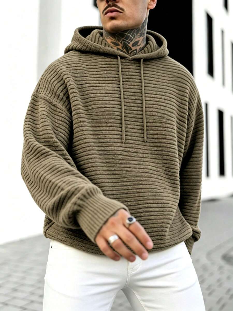 Men's Vertical Striped Textured Knit Hoodie, Loose Fit, Dropped Shoulder, Drawstring Hood, Casual Thick Knit Pullover Top, Autumn/Winter - Brown - View 1
