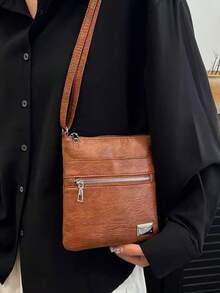 Women's Vertical Multi-Pocket Crossbody Bag, Vintage Small Square Bag, Solid Color Textured Shoulder Bag, Light Luxury French Style Minimalist Crossbody Bag - Brown - View 1