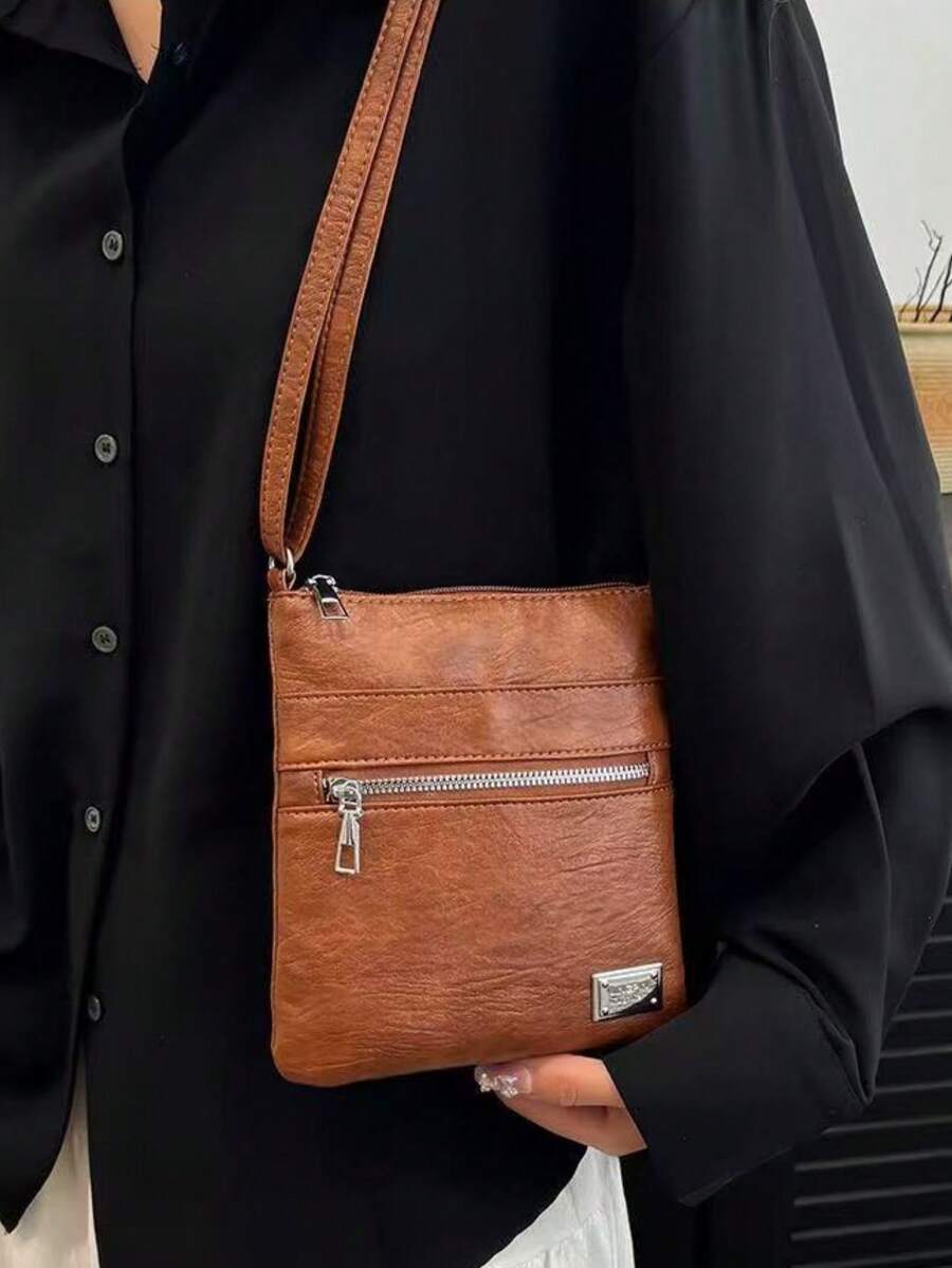 Women's Vertical Multi-Pocket Crossbody Bag, Vintage Small Square Bag, Solid Color Textured Shoulder Bag, Light Luxury French Style Minimalist Crossbody Bag - Brown - View 1