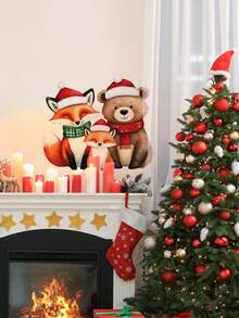 Christmas Cartoon Animal Gift Box Wall Stickers, Removable And Traceless PVC Decals, Cute Fox, Reindeer, And Bear Patterns, Home Decor For Living Room, Fridge, Glass Windows, And Rooms - Wall Stickers - View 2