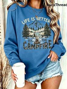 WomensCampGraphicSweaterLifeIsBetterByTheCampfireMountainAndPineTreeDesignWarmCrewNeckSweaterForAutumnWinterMediumElasticityCasualSweaterMachineWashab - Blue 3 - View 3