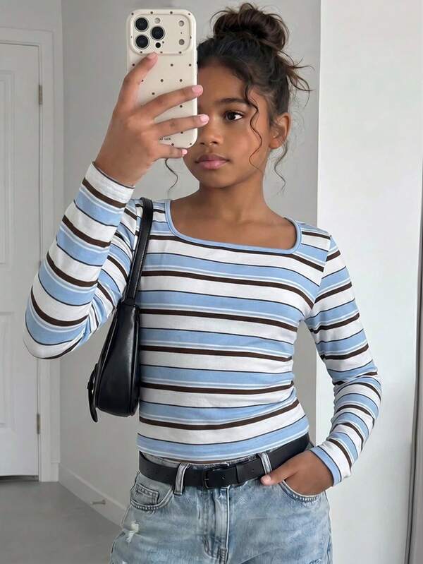 Tween Girls Tween Girl Blue Colorful Striped Knit Autumn Transition Season Casual Comfortable Streetwear Back To School Campus Daily Outfit Girls Clothing