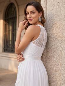 YUMIBRAVO Elegant Bridal Destination Wedding Gown, Chiffon Floor-Length White Dress, Suitable For Wedding Ceremony, Bridal Party, Beach Wedding - White - View 6