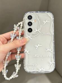 1 buah Casing Ponsel Transparan Lembut Motif Gelombang Besar Krem dengan Pita Putih & Cetakan Huruf Kupu-kupu, Gelang Manik-manik Kupu-kupu DIY, Pola Gelombang Putih Krem, Lensa Cakupan Penuh, Casing Lembut, Kompatibel dengan Ponsel Seri 1 - Clear - View 2