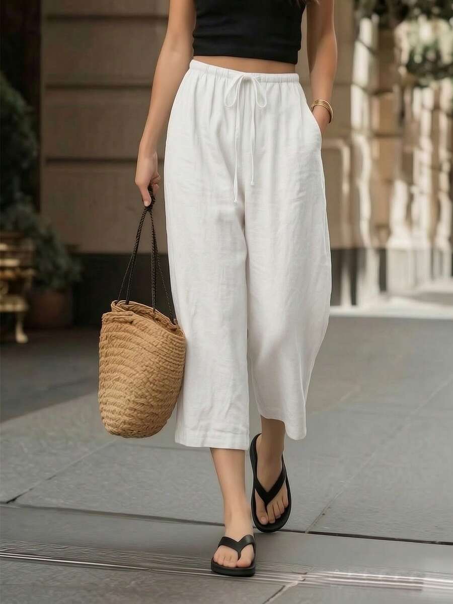 Women's 7/8 Length Wide Leg Pants, Summer New Elastic Waist Drawstring Breathable Slouchy Loose Casual Pants, Suitable For Daily Wear - White - View 1