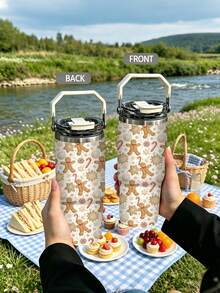 1pc/5pcs 30oz Stainless Steel Cup With Handle And Straw, Cute Christmas Gingerbread Man Candy Cane Snowflake Print, Leak-Proof Flip Lid, Suitable For Travel, Work, Fitness And Daily Outdoor Use - Beige-gingerbread Man - View 7