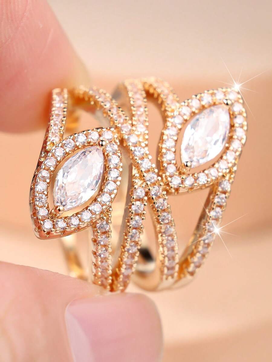 1 Stylish Double-Layer Interlaced Openwork Full-Set Cubic Zirconia Double-Centerstone Design Women's Ring - A Glamorous Evening Ring For Women - Yellow Gold - View 1
