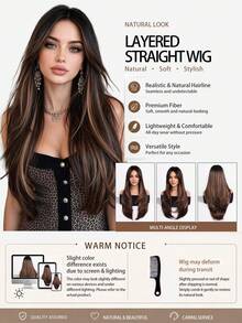 Natural Deep Brown Highlighted Long Wavy Layered Wig 61cm Middle Part Synthetic Fiber Wig Suitable For Daily Fashion, Halloween Christmas Party, Gothic Witch Cosplay, Comes With Wig Cap - Brown Highlight - View 5