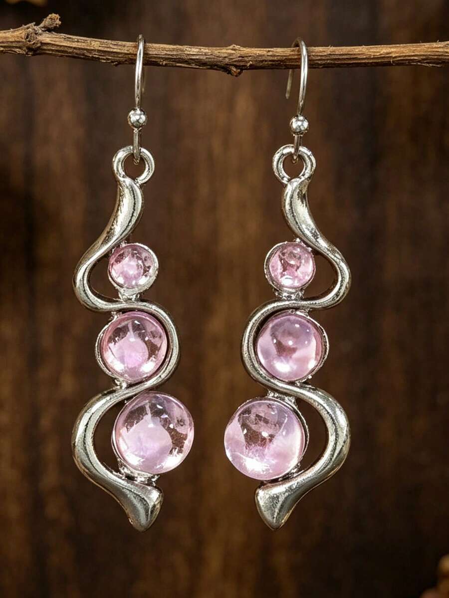 1 Pair New Bohemian Creative Curved Wave Inlaid Aquamarine Cat's Eye Stone Exquisite Earrings - Pink - View 1