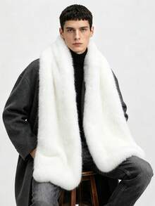 Low-Key Premium Solid Color Men's Long Fur Scarf, Thick Soft Fabric, Intellectual Style Daily Wear Warm Neck Warmer, Oversized Extra Wide Shawl - White - View 6