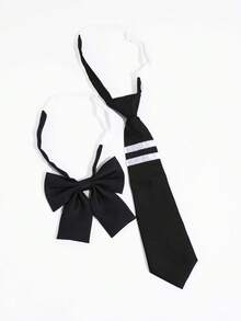 1件裝女款蝴蝶結領結套組，極簡百搭學院風 JK 制服襯衫領飾配件 2 件組 - 黑白條紋JK - 查看 5