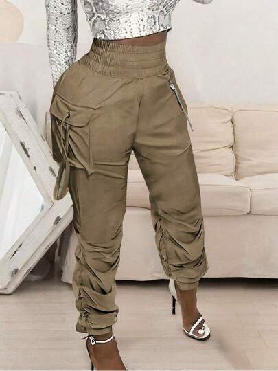 Womens Solid Color High Waist 3D Pocket Harem Pants