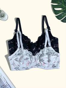 5pcs Set Artistic Floral Print Underwire Bra, Large Bust Minimizing, Side-Boob Smoothing, Push-Up, Plus Size Women's Lingerie With Patchwork Hollow Lace Trim - Multicolor - View 6
