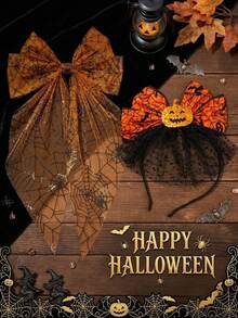 2pcs Halloween Pumpkin Spider Web Bow Headband & Spring Clip Set, Orange Tulle Hair Accessories For Women Girls Cosplay Party Gothic Costume Styling - Multicolor - View 2
