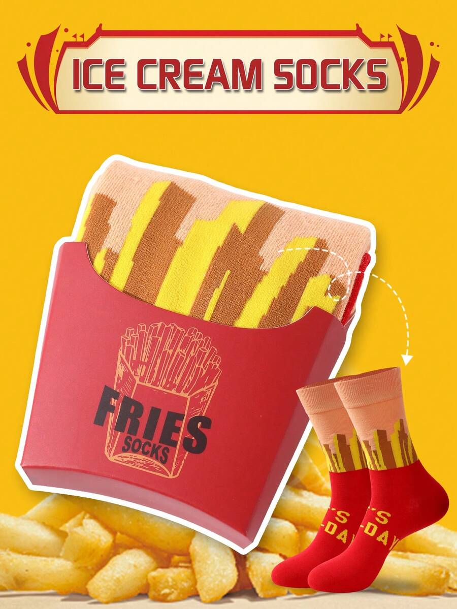 1 Pair Whimsical & Funny French Fries Shaped Mid-Calf Casual Socks, Gift For Men/Women, Creative Realistic French Fries Design, Unique Gift Item, Suitable For Christmas/Halloween/Day Of The Dead/Labor Day/St. Patrick's Day/Father's Day/Easter Gifts, Suitable For Home Relaxation/Family Gathering/Short Trip/Theme Party/Friends & Family Birthday/Couple Anniversary/Date Outing Gifts