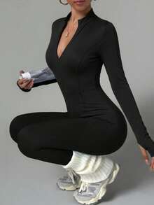 Women's Long Sleeve Zipper Fitted Jumpsuit, High Elastic Design, Slimming And Flattering, Comfortable And Skin-Friendly, Suitable For Daily Wear And Sports - Black - View 5