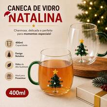 Caneca de Vidro Natalina 400ml com Árvore de Natal 3D com Alça Decorativa para Café, Chá e Presente de Natal - Transparente - Visão 5