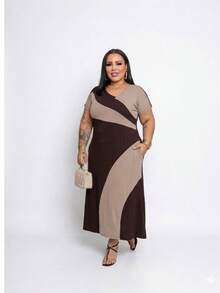 Vestido Femenina modelo  lorena Bi color ,com cortes asemetricas ,com fendas laterais e bolsos ,vesto do 44 ao 50 tamanho - Marrom - Visão 7