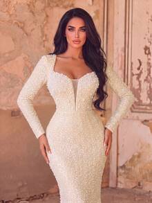 Haute Glamour Pearl Embellished Heart Neckline Mermaid Hem Beaded Formal Evening Gown - Champagne - View 2