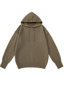 Men's Vertical Striped Textured Knit Hoodie, Loose Fit, Dropped Shoulder, Drawstring Hood, Casual Thick Knit Pullover Top, Autumn/Winter - Brown - View 2