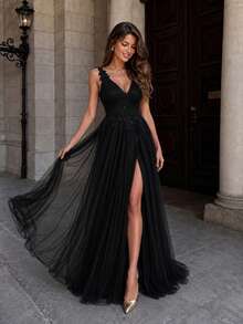 VIPGIRL Elegant Black Sequin Sheer A-Line V-Neck High Slit Backless Dress Fall - Black - View 6