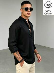 WAIT HIM 100% Cotton Men's Casual Solid Color Henley Collar Long Sleeve Shirt - Black - View 2